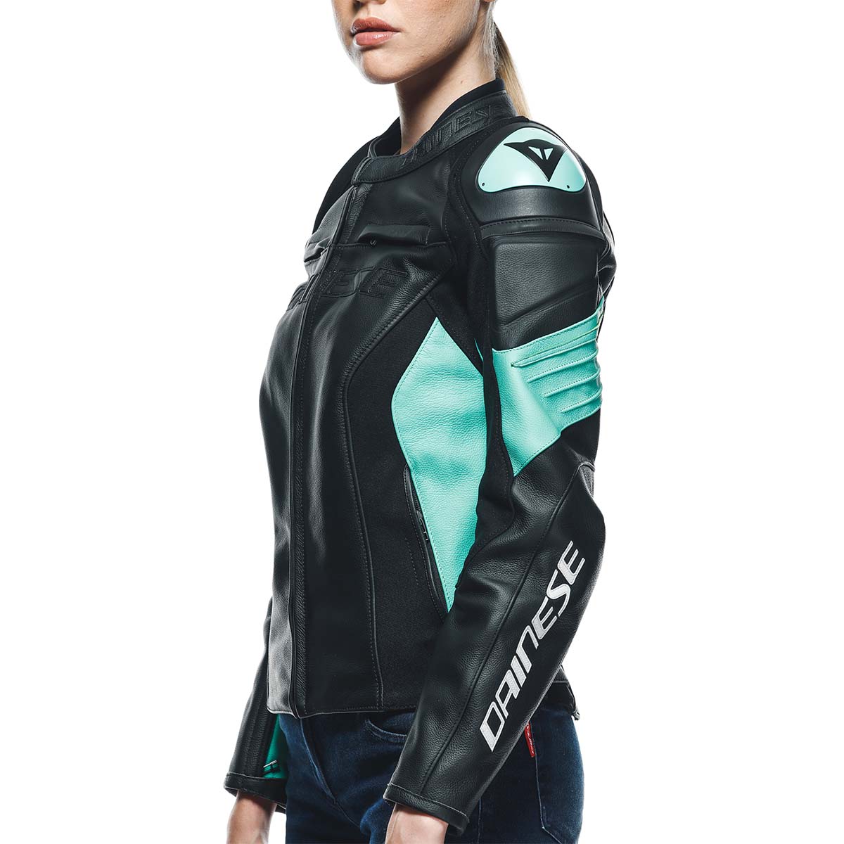RACING 4 LADY LEATHER JACKET PERF. (BLACK/ACQUA-GREEN)